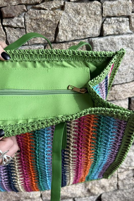 Kondi Rainbow Raffia Tote Bag Green